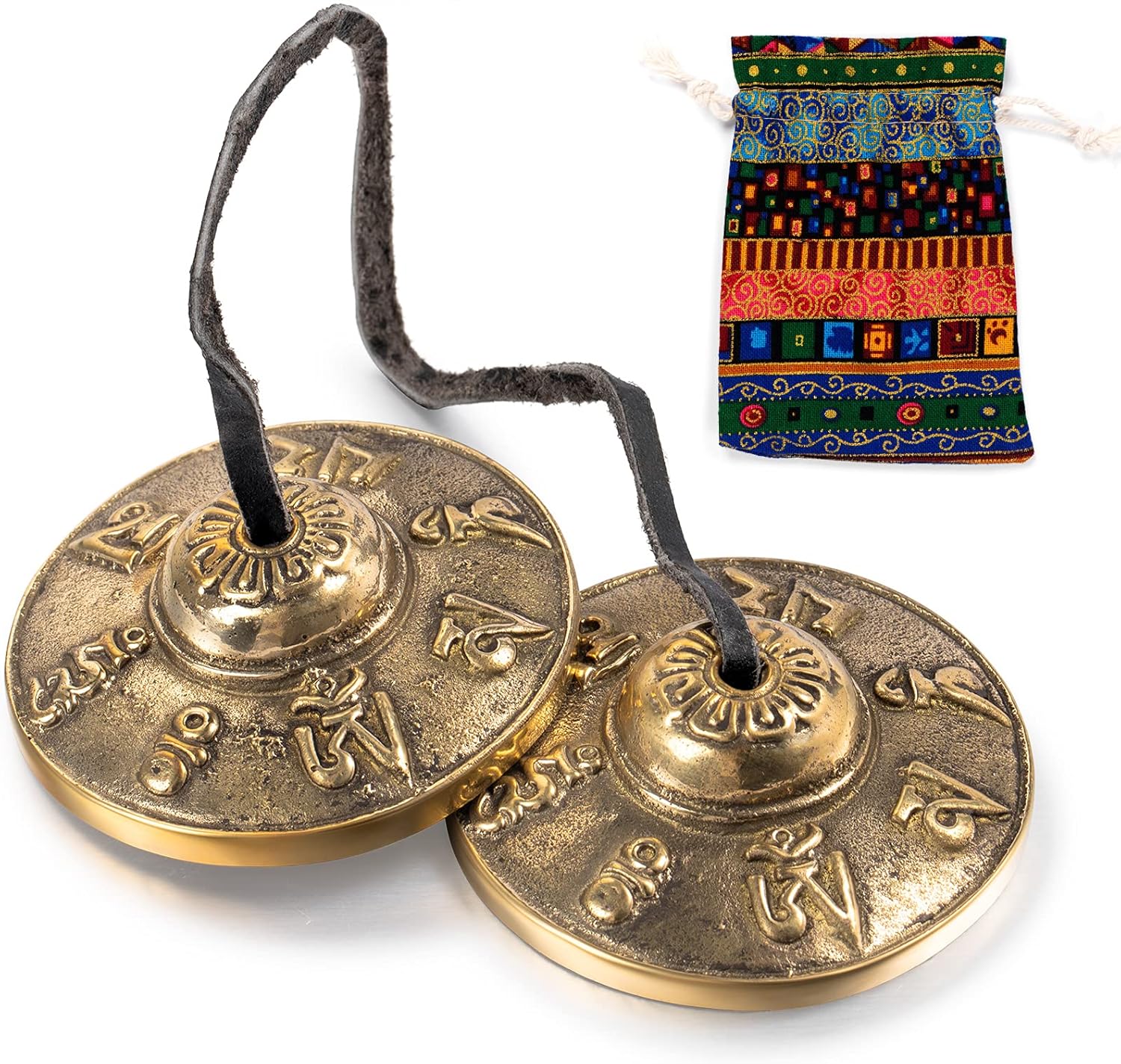 Omara Tibetan Tingsha Cymbals Meditation Chime Bells with Tibetan Drawstring Cloth Bag, 6.3 cm Meditation Chime Bells, for Percussion Instrument(Om Mane Padme Hum Symbols Embossed)