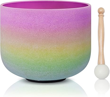 Omara 440HZ 8 Inch Rainbow Colored B Note Crown Chakra Frosted Quartz Crystal Singing Bowl for Sound Healing and Meditation