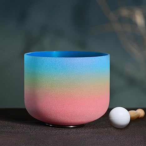 Omara 440HZ 8 Inch Rainbow Colored G Note Throat Chakra Frosted Quartz Crystal Singing Bowl for Sound Healing and Meditation