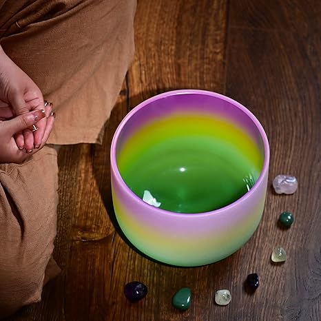 Omara 440HZ 8 Inch Rainbow Colored B Note Crown Chakra Frosted Quartz Crystal Singing Bowl for Sound Healing and Meditation