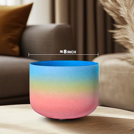 Omara 440HZ 8 Inch Rainbow Colored G Note Throat Chakra Frosted Quartz Crystal Singing Bowl for Sound Healing and Meditation