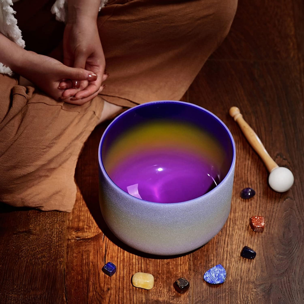 Omara 440HZ 8 Inch Rainbow Colored A Note Third-Eye Chakra Frosted Quartz Crystal Singing Bowl for Sound Healing and Meditation