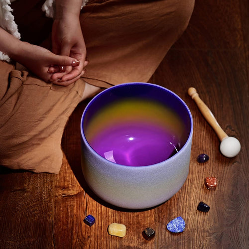Omara 440HZ 8 Inch Rainbow Colored A Note Third-Eye Chakra Frosted Quartz Crystal Singing Bowl for Sound Healing and Meditation
