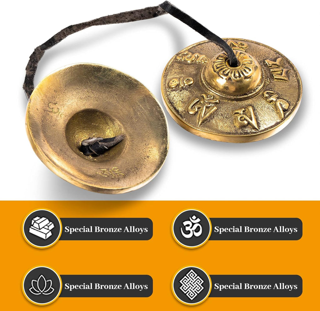Omara Tibetan Tingsha Cymbals Meditation Chime Bells with Tibetan Drawstring Cloth Bag, 6.3 cm Meditation Chime Bells, for Percussion Instrument(Om Mane Padme Hum Symbols Embossed)