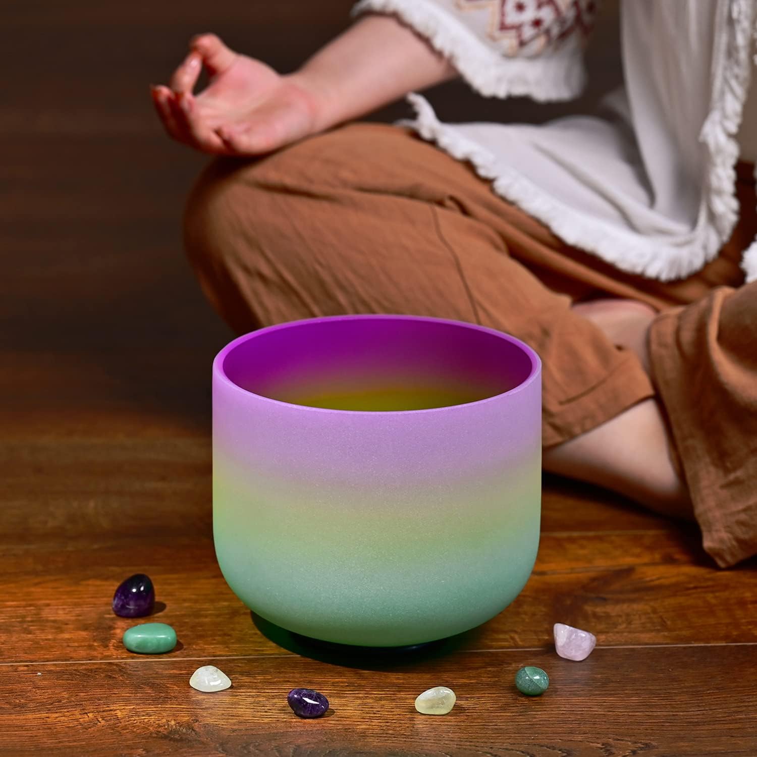 Omara 440HZ 8 Inch Rainbow Colored B Note Crown Chakra Frosted Quartz Crystal Singing Bowl for Sound Healing and Meditation