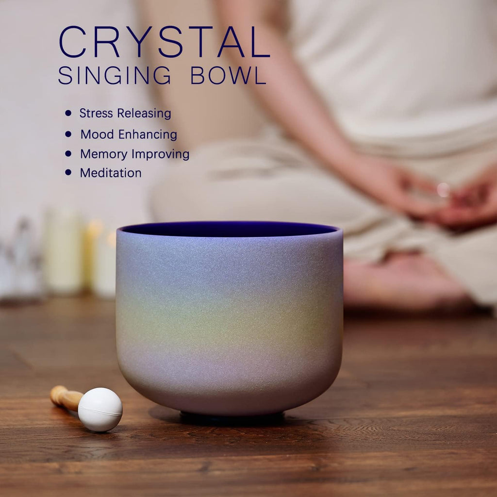 Omara 440HZ 8 Inch Rainbow Colored A Note Third-Eye Chakra Frosted Quartz Crystal Singing Bowl for Sound Healing and Meditation