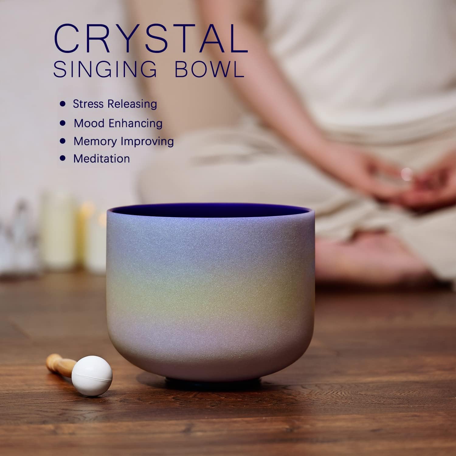 Omara 440HZ 8 Inch Rainbow Colored A Note Third-Eye Chakra Frosted Quartz Crystal Singing Bowl for Sound Healing and Meditation