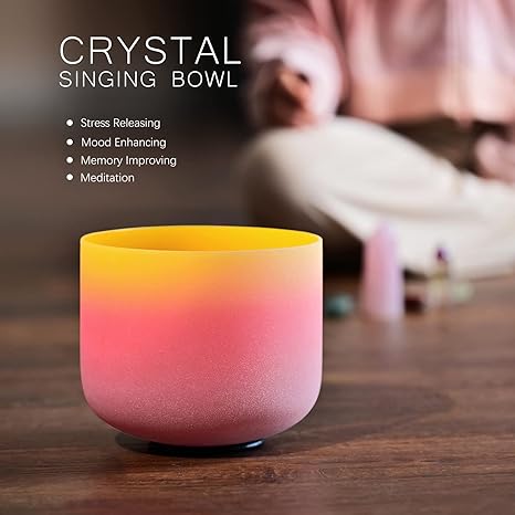 Omara 440HZ 8 Inch Rainbow Colored E Note Solar Plexus Chakra Frosted Quartz Crystal Singing Bowl for Sound Healing and Meditation