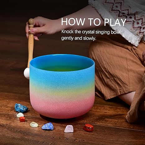 Omara 440HZ 8 Inch Rainbow Colored G Note Throat Chakra Frosted Quartz Crystal Singing Bowl for Sound Healing and Meditation