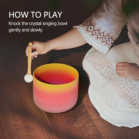 Omara 440HZ 8 Inch Rainbow Colored E Note Solar Plexus Chakra Frosted Quartz Crystal Singing Bowl for Sound Healing and Meditation