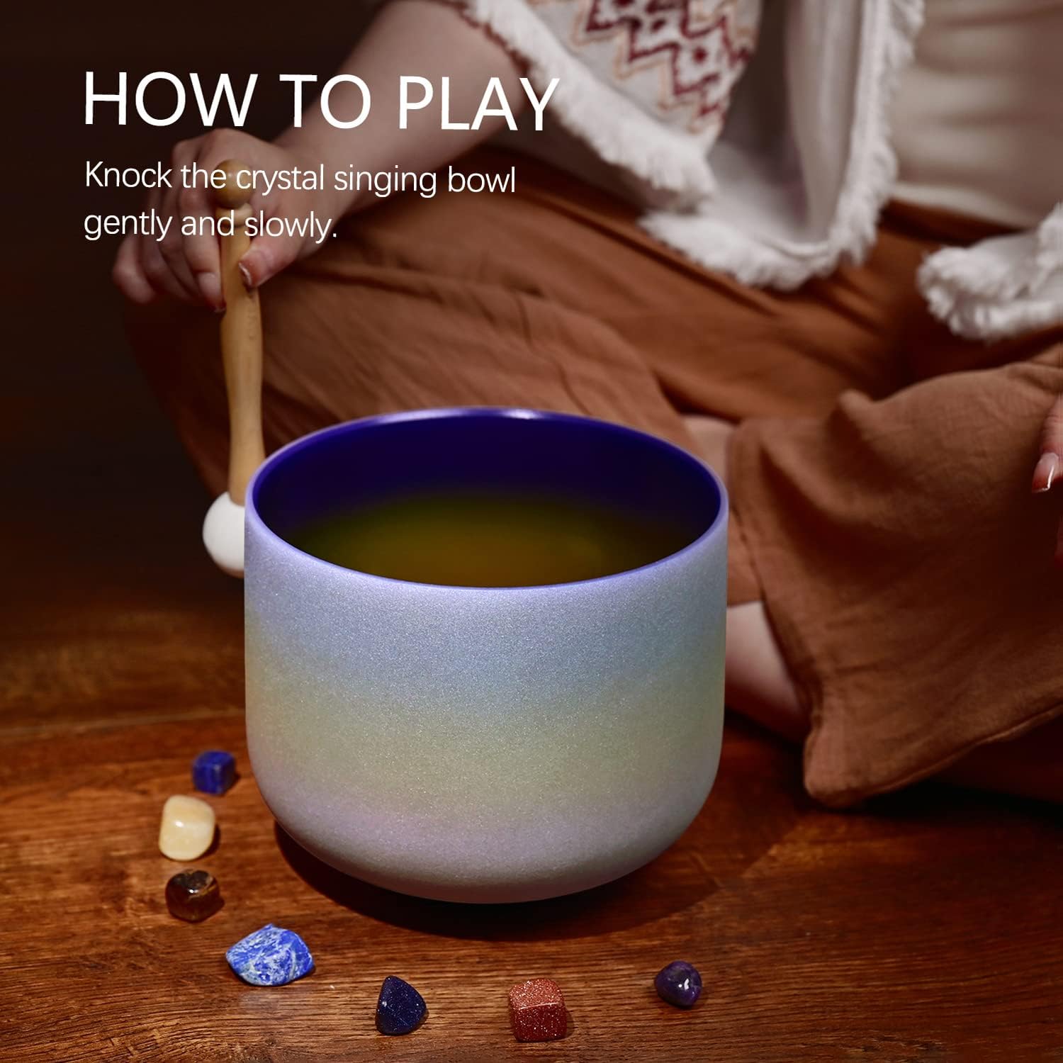 Omara 440HZ 8 Inch Rainbow Colored A Note Third-Eye Chakra Frosted Quartz Crystal Singing Bowl for Sound Healing and Meditation