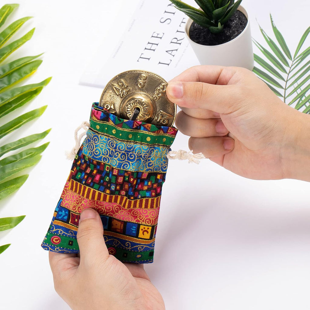 Omara Tibetan Tingsha Cymbals Meditation Chime Bells with Tibetan Drawstring Cloth Bag, 6.3 cm Meditation Chime Bells, for Percussion Instrument(Om Mane Padme Hum Symbols Embossed)