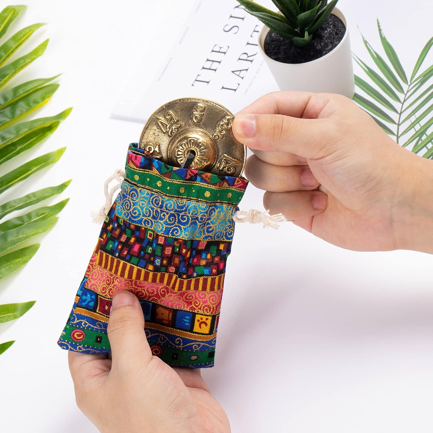 Omara Tibetan Tingsha Cymbals Meditation Chime Bells with Tibetan Drawstring Cloth Bag, 6.3 cm Meditation Chime Bells, for Percussion Instrument(Om Mane Padme Hum Symbols Embossed)