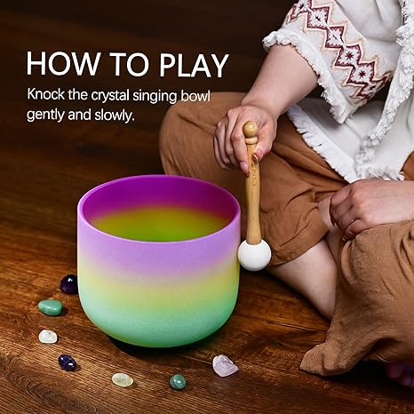 Omara 440HZ 8 Inch Rainbow Colored B Note Crown Chakra Frosted Quartz Crystal Singing Bowl for Sound Healing and Meditation