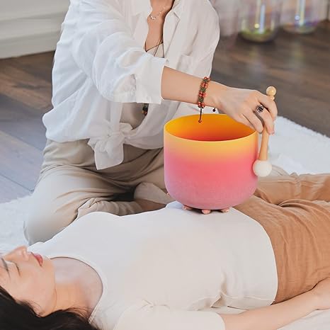 Omara 440HZ 8 Inch Rainbow Colored E Note Solar Plexus Chakra Frosted Quartz Crystal Singing Bowl for Sound Healing and Meditation